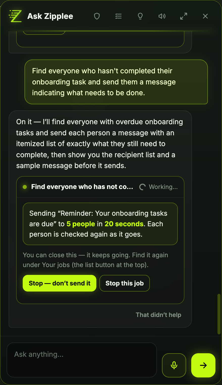 Ask Zip processing an onboarding request and showing a running job with progress and stop controls