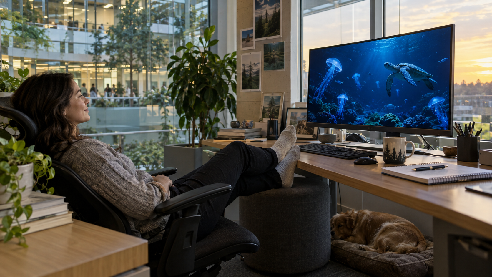 A woman watches a nature film on a flat-screen monitor with her feet up while her dog rests under the desk