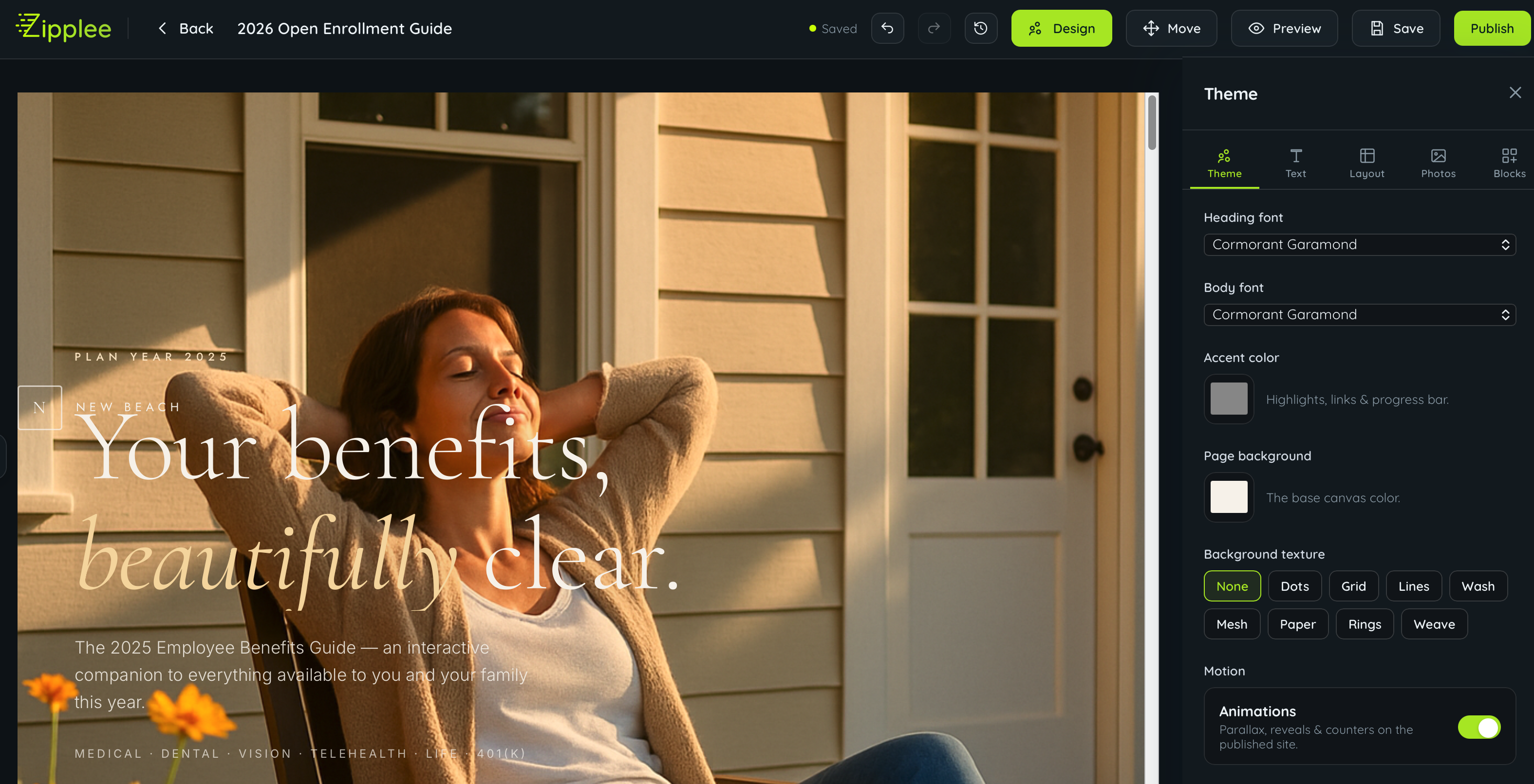 Make the guide yours with editable text, layout, photography, and theme controls.