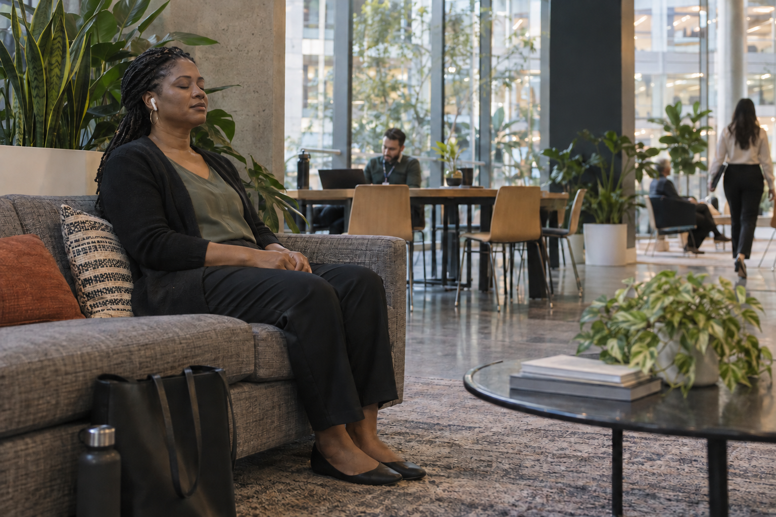 A woman listens to meditation through wireless earbuds while resting on a couch in an office atrium
