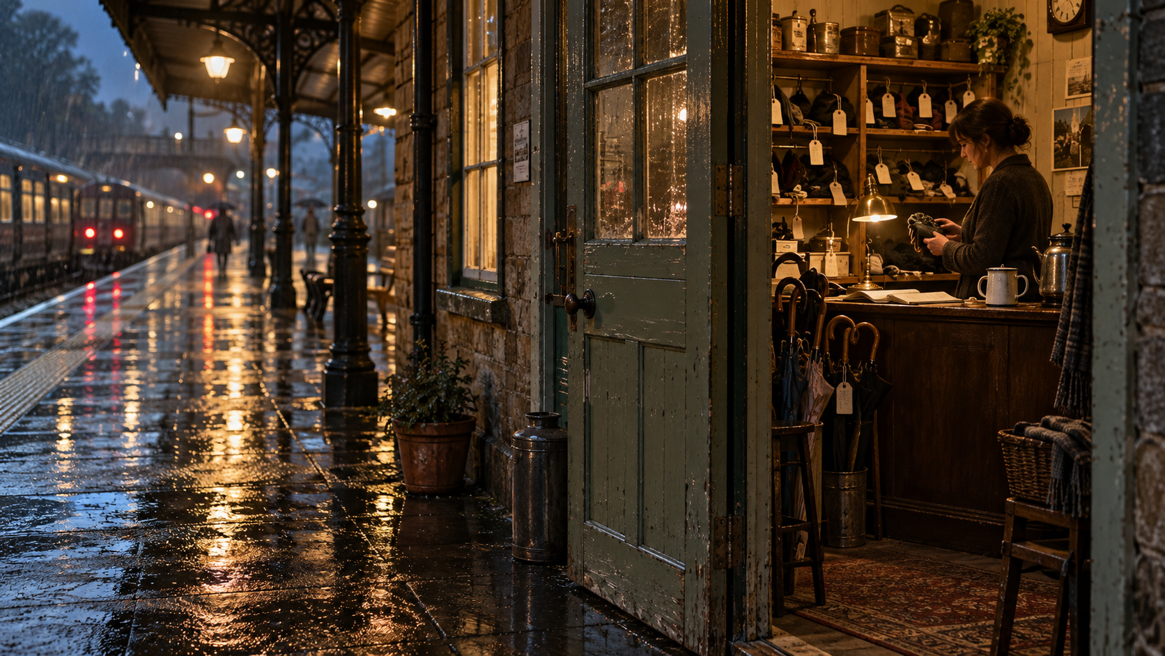 A warmly lit lost property office beside a rain-soaked railway platform