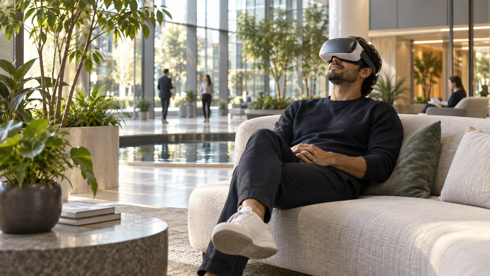 An employee relaxing on a plush atrium couch while wearing a VR headset