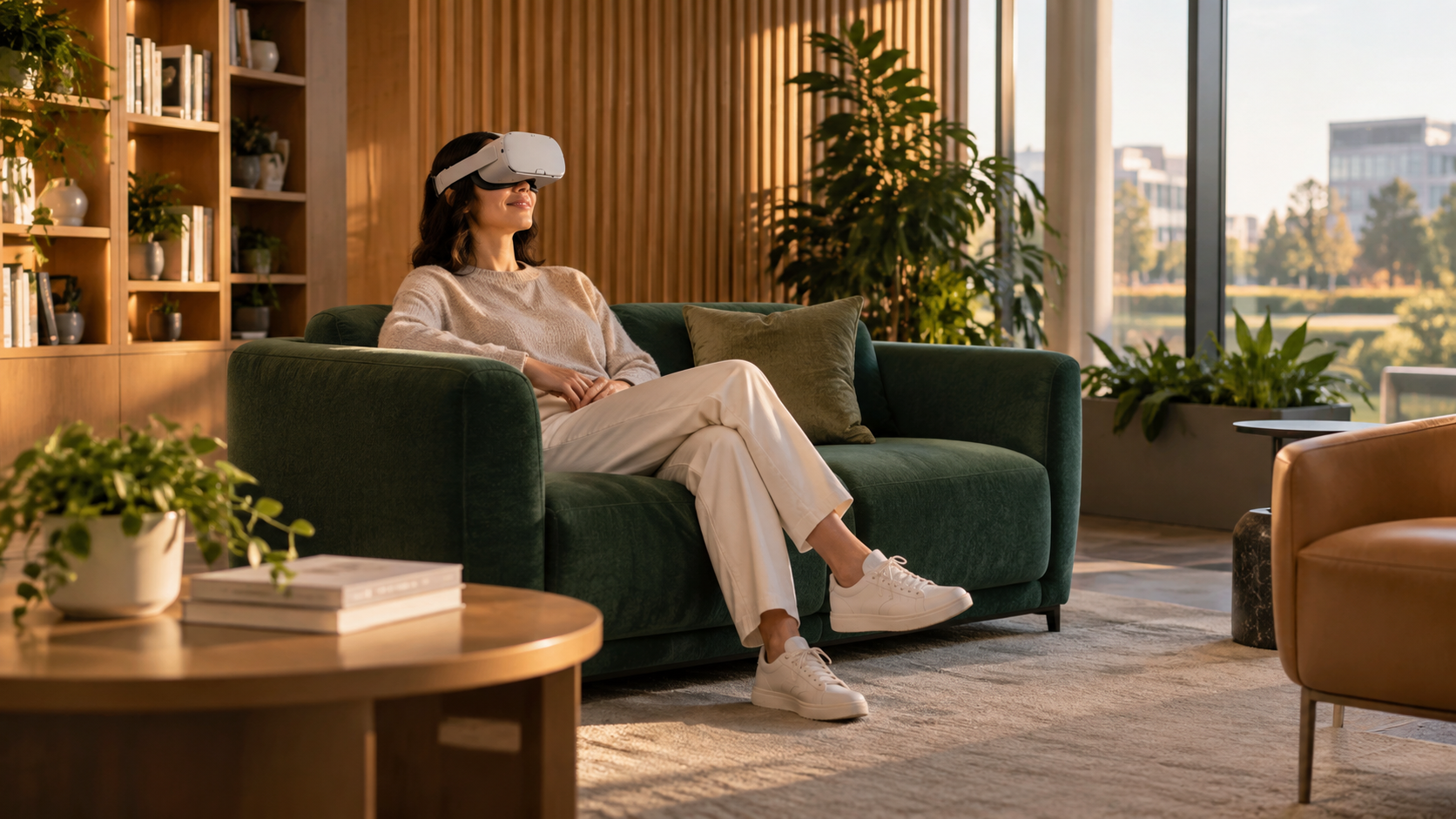 A woman relaxing on an atrium couch while wearing a VR headset