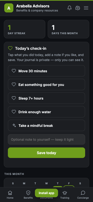Zipplee employee Wellness screen showing a daily check-in, habit choices, and a personal streak