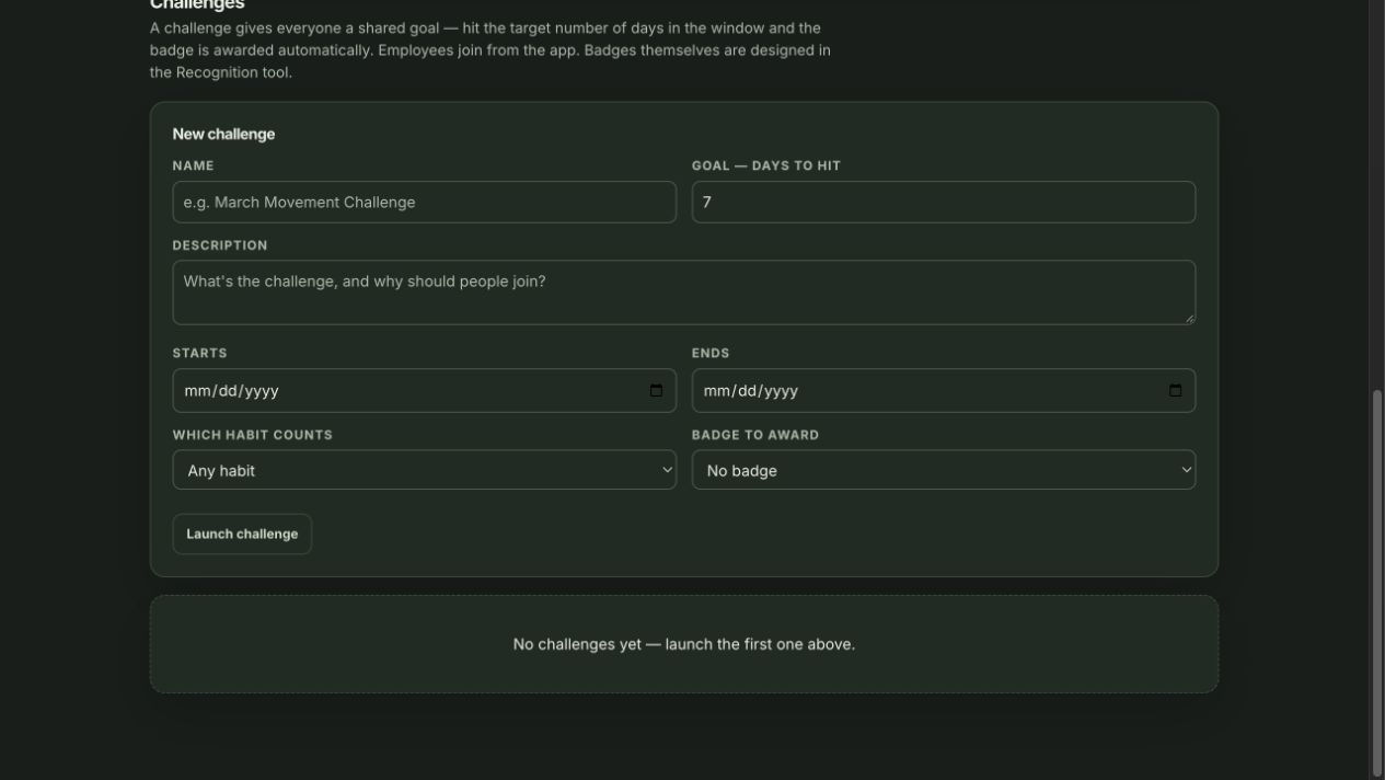HR challenge setup with goal days, qualifying habit, and badge selector