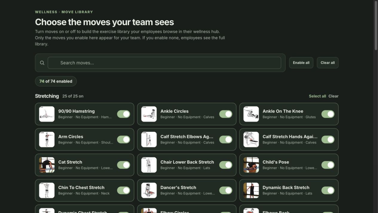 Move Library showing enabled stretches and exercise choices